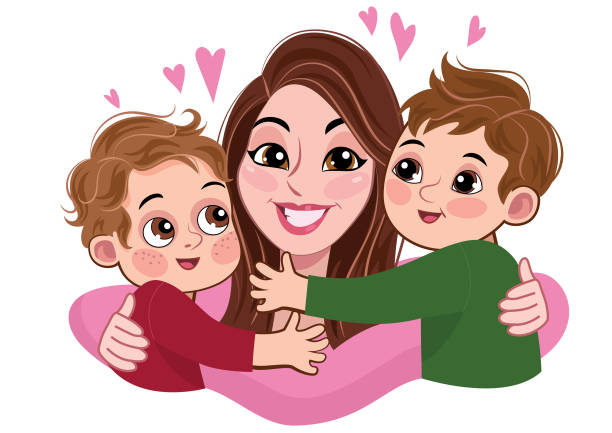 Illustration of a mother with two her boys hugging her